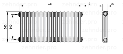 Схема (чертеж) Радиатор Zehnder Charleston 2056/16 №1270 Белый глянцевый RAL 9016